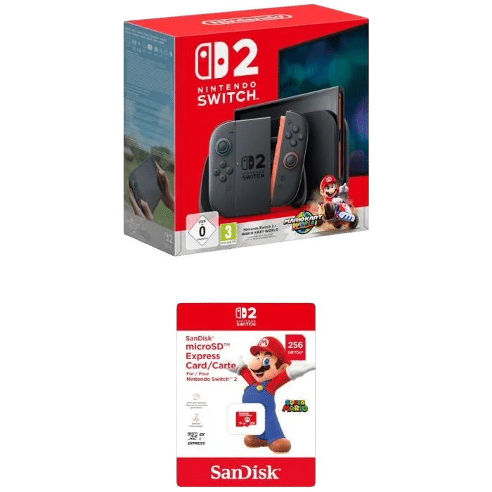 visuel produit pack switch 2 mario kart world et carte mémoire sandisk v2