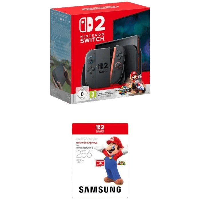 visuel produit pack switch 2 mario kart world et carte mémoire samsung v2