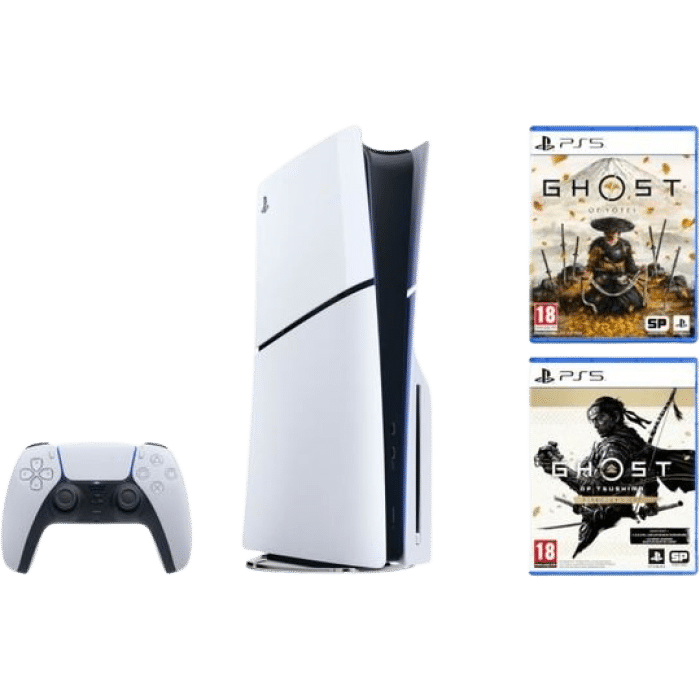 console ps5 slim avec jeux ghost of tsushima et yotei visuel produit