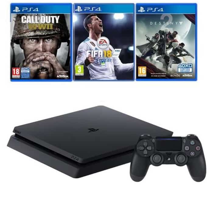 PS4 SLIM + 3 JEUX DONT FIFA 18 ET COD WW2