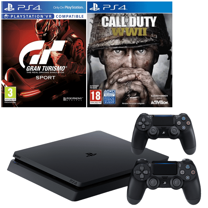PS4 Slim 1 To + 2 manettes + COD WW2 + Gran Turismo Sport