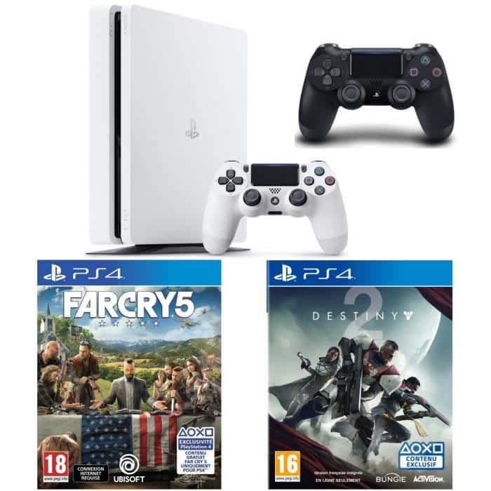 PS4 Slim Blanche 500 Go + 2 Manettes + Far Cry 5 + Destiny 2