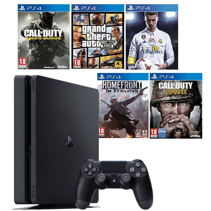 Console Playstation 4 Slim 500Go + FIFA 18 + GTA 5 + COD WW2 + HOMEFRONT + COD INFINITE WARFARE