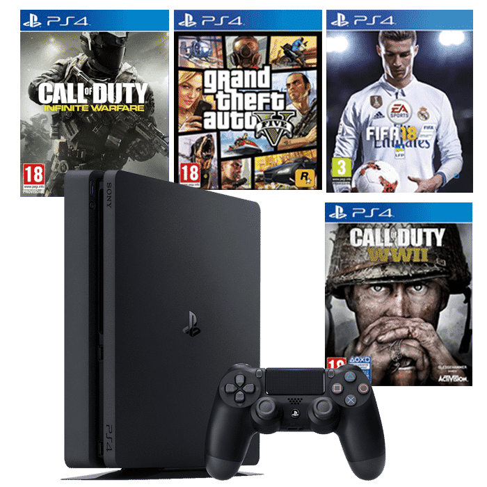 Pack Console Playstation 4 Slim 500Go Chassis E + FIFA 18 + COD WW2 + GTA 5 + COD INFINITE WARFARE
