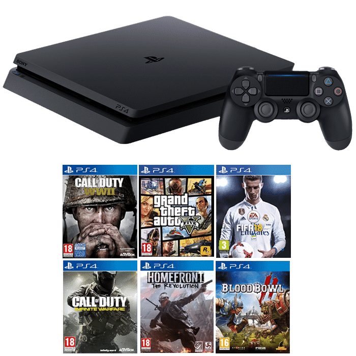 Playstation 4 Slim 500Go + FIFA 18 + GTA 5 + COD WW2 + HOMEFRONT + COD INFINITE