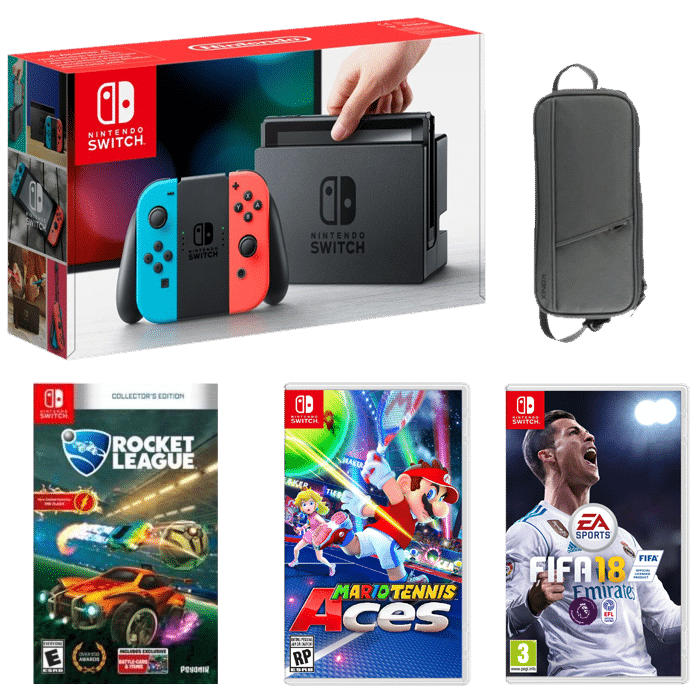 Nintendo Switch (Grise ou Néon) + Mario Tennis Aces + FIFA 18 + Rocket League + Housse