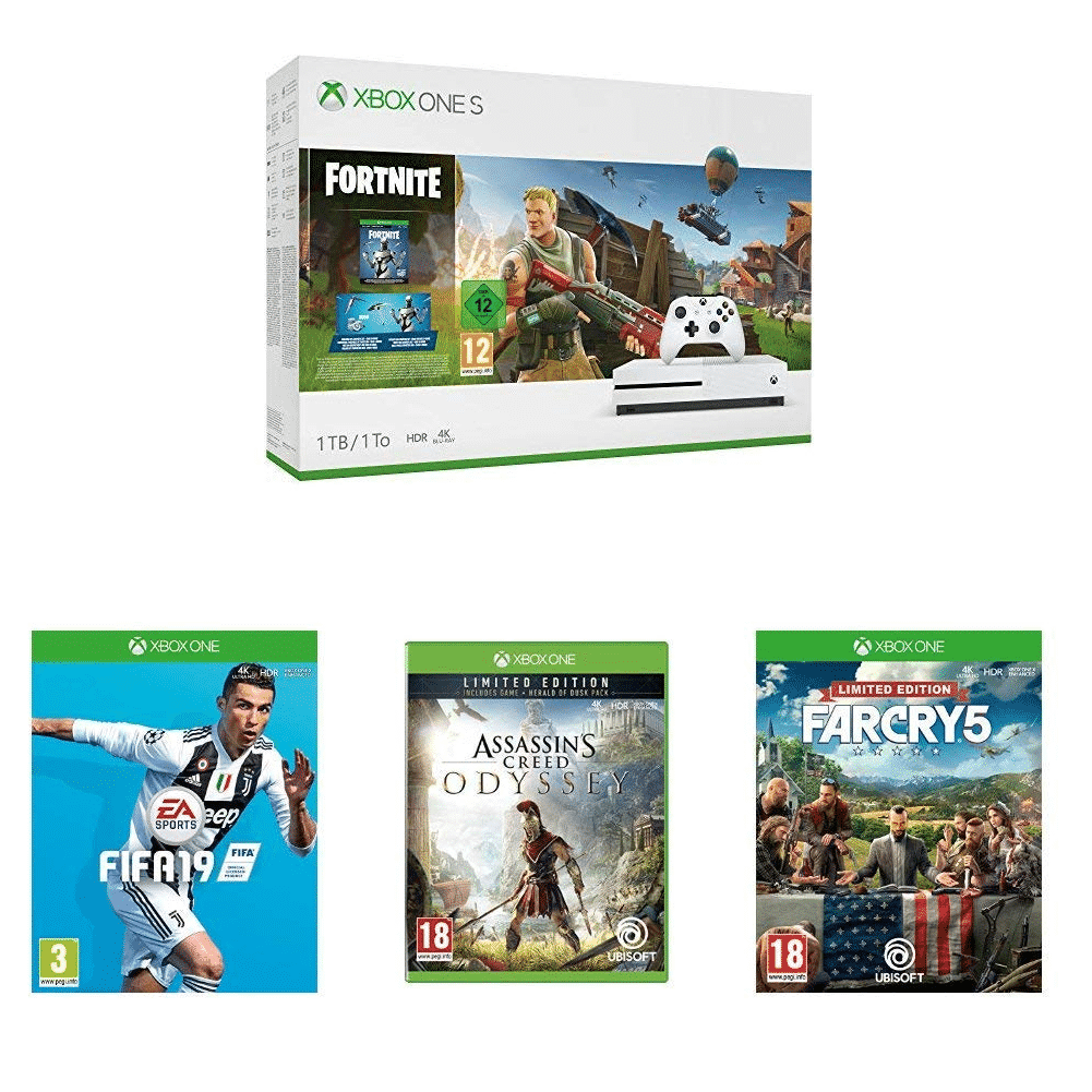 pack xbox one s 1 to + 4 jeux (fortnite fifa, ac far cry)