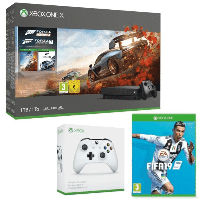 pack Xbox One X 2 Manettes + Forza Horizon 4 + Forza 7 + FIFA 19