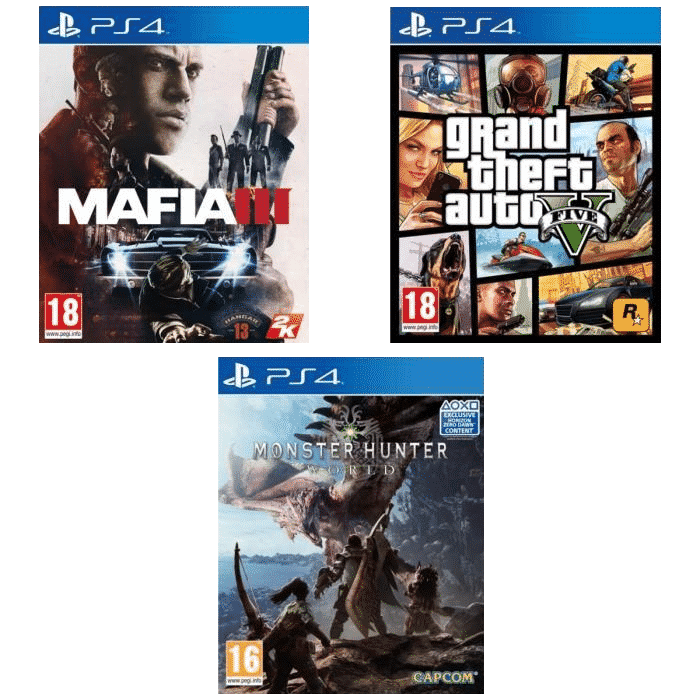 Pack 3 jeux PS4 pas cher MHWorld GTA 5 Mafia 3