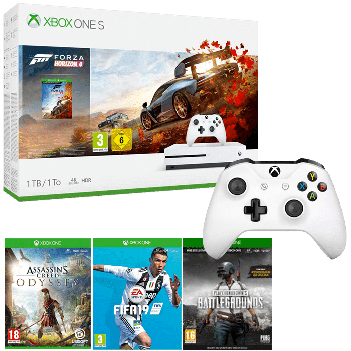 xbox one s forza horizon assassin's creed odyssey fifa 19 pubg 2 manettes