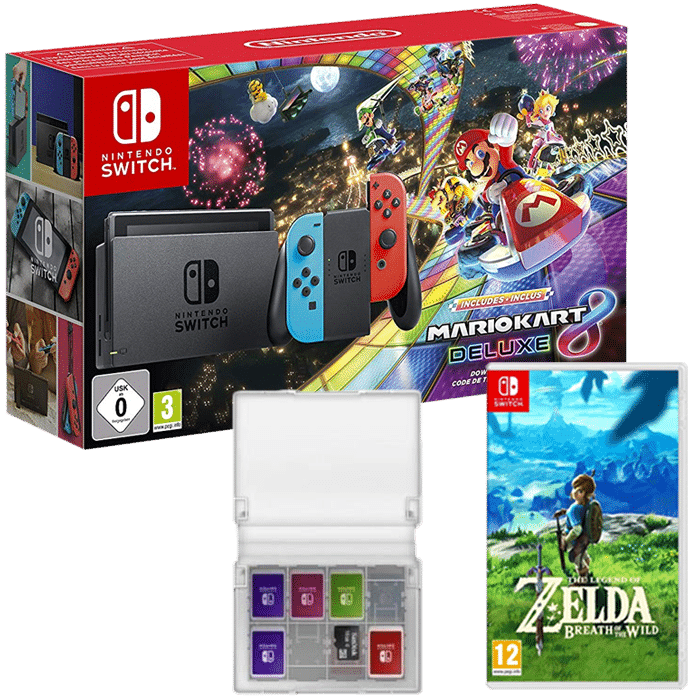 Pack Switch Mario Kart 8 Deluxe + boitier cartouches + zelda botw