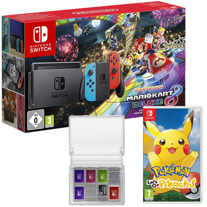 Pack Switch Mario Kart 8 Deluxe + boitier cartouches + pokemon pikachu