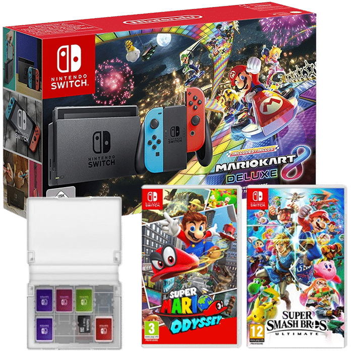 Pack Switch Mario Kart 8 Deluxe + boitier cartouches + Super Mario Odyssey + smash bros ultimate