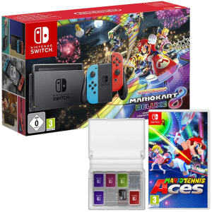 Pack Switch Mario Kart 8 Deluxe + boitier cartouches + mario tennis aces