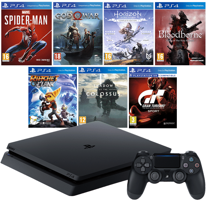 pack ps4 slim 7 jeux ps4 slim + god of war horizon complete colossus bloodborne v2