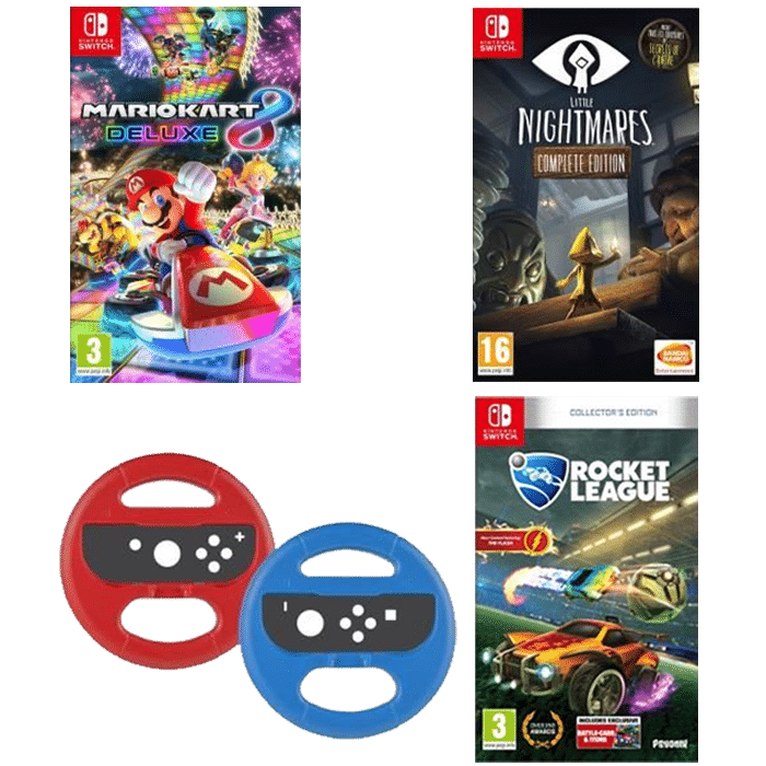 pack 3 jeux switch mario kart 8 deluxe volants rocket league little nightmares