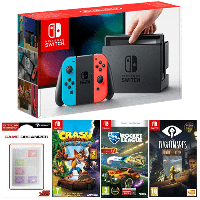 Pack Nintendo Switch Néon + Crash bandicoot N.Sane Trilogy + Little Nightmares + Rocket League + Boitier de rangement