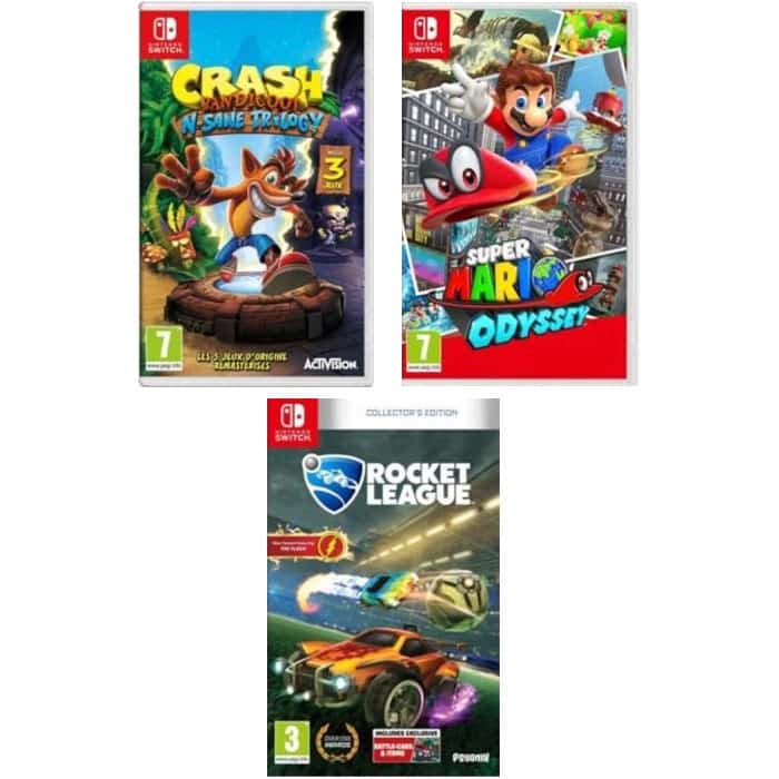 pack 3 jeux switch mario odyssey crash trilogy rocket league