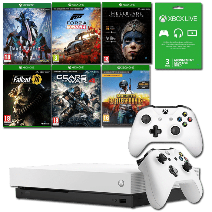 Pack Xbox One X Blanche + 2 manettes + 6 jeux + 3 mois Xbox Live Gold v1