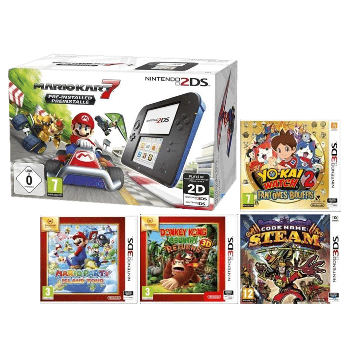 Nintendo-2DS-noire et bleue-5-jeux mario kart dk-country-steam-yo-kai-watch-mario-party copie
