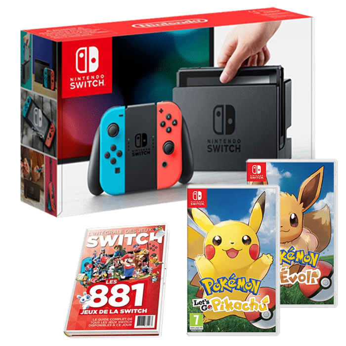 Pack Nintendo Switch + Pokemon Let's Go (Pikachu ou Evoli) + guide des jeux Switch