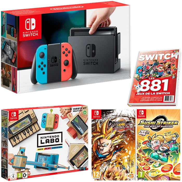 NIntendo Switch + DB FighterZ + Multi Kit Labo + Sushi Striker + Guide