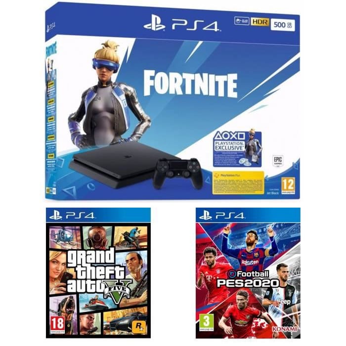 PS4 Slim 500 Go Noire Fortnite + eFootball PES 2020 + GTA V Jeux PS4