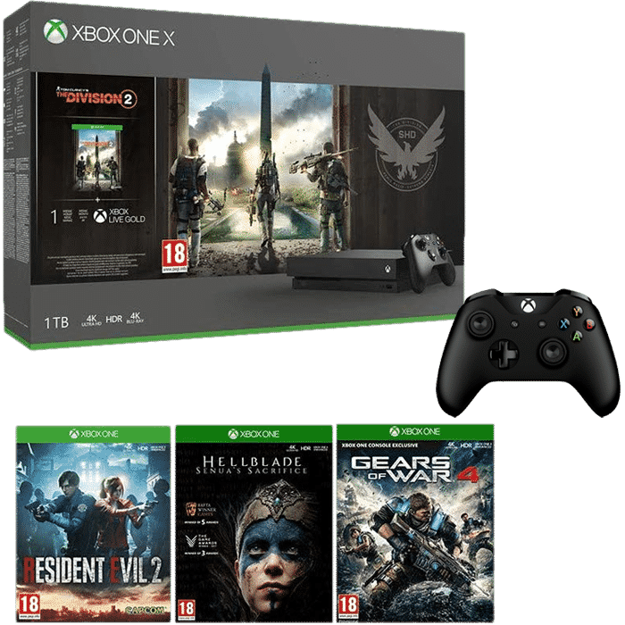 pack xbox one x the division 2 hellblade senua's sarifice gers of war 4 resident evil 2 remake 2 manettes
