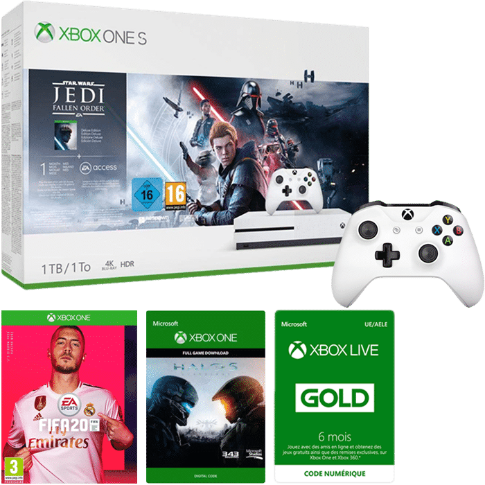 xbox one s star wars jedi fallen order 2 manettes fifa 20 halo 5 6 mois xbox live