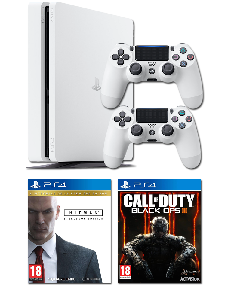Pack PS4 Slim Blanche 500 Go + 2 manettes + Hitman + COD Black Ops 3