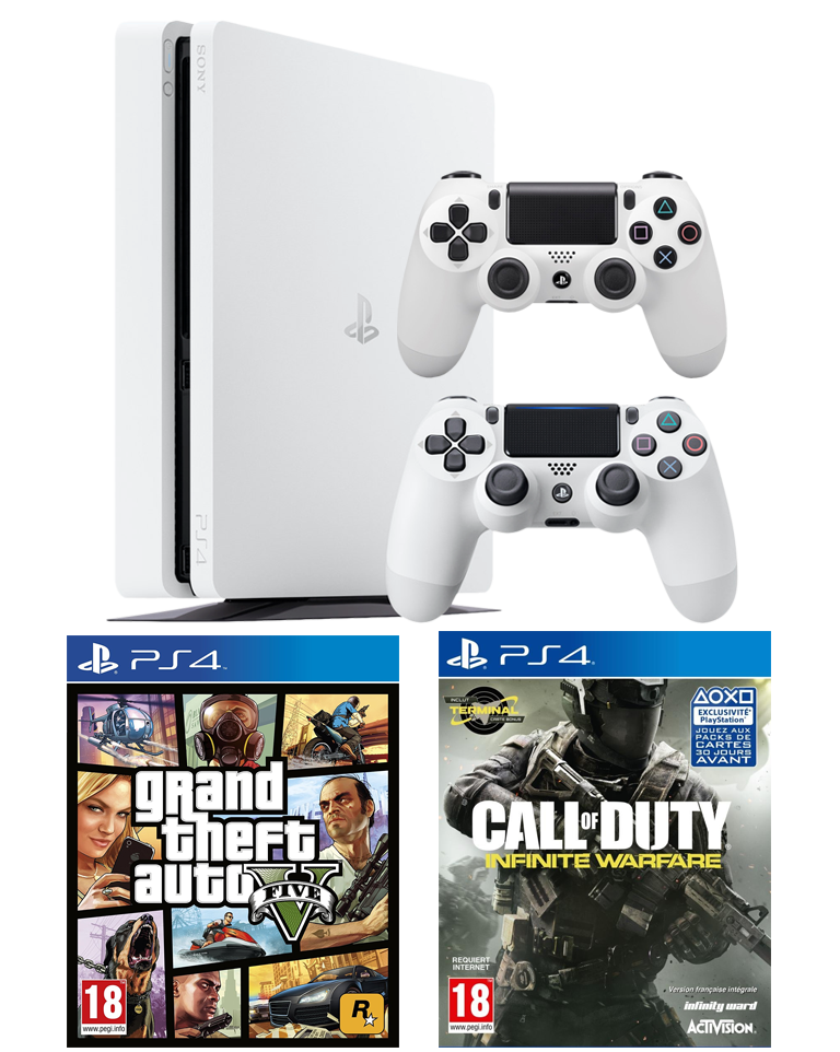 Pack PS4 Slim Blanche + 2 manettes + GTA 5 + COD Infinite Warfare
