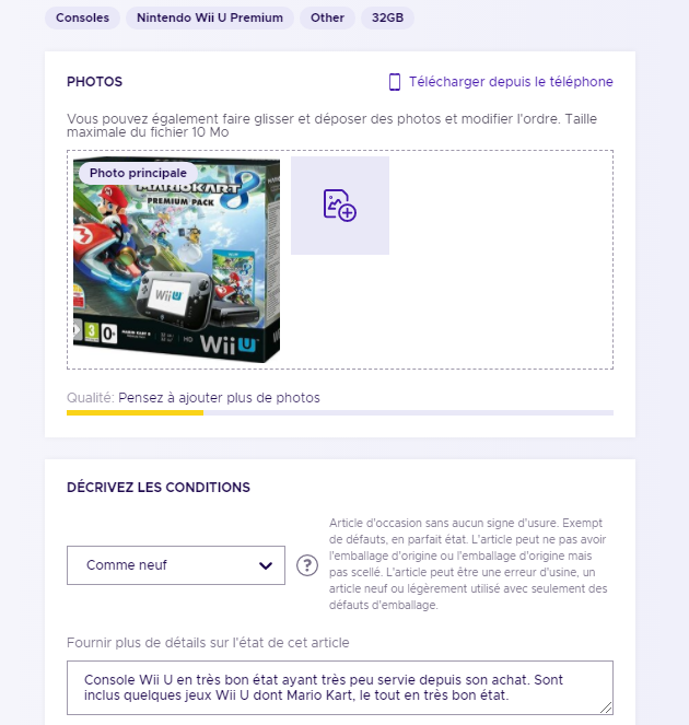 mise en ligne annonce wii u