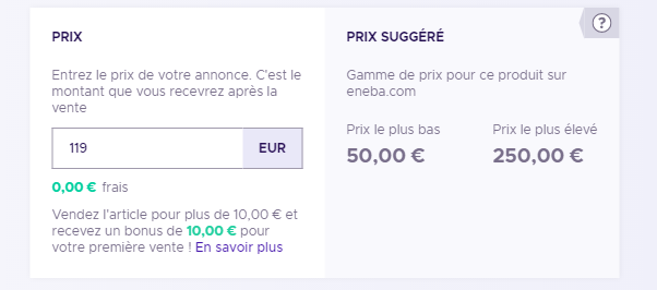 prix suggéré pour l'article