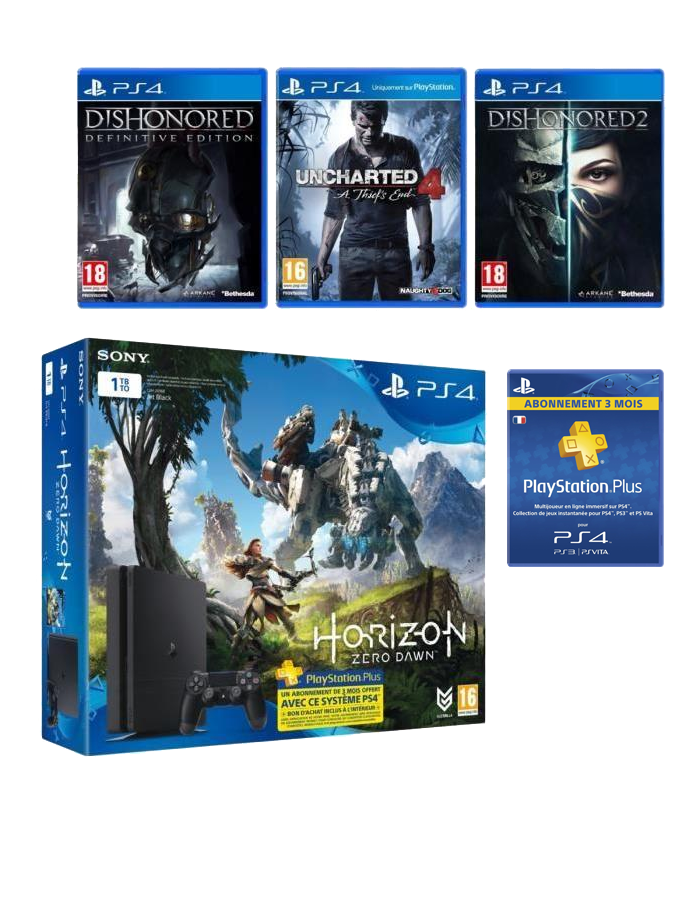PRODUIT PS4 Slim 1 To + Horizon Zero Dawn + Uncharted 4 + Dishonored 1 et 2 v2