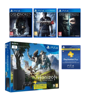 PRODUIT PS4 Slim 1 To + Horizon Zero Dawn + Uncharted 4 + Dishonored 1 et 2 v2