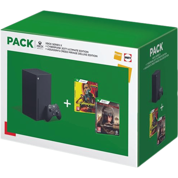 Pack Xbox Series X Cyberpunk 2077 Ultimate Assassins Creed Mirage Deluxe Edition visuel produit