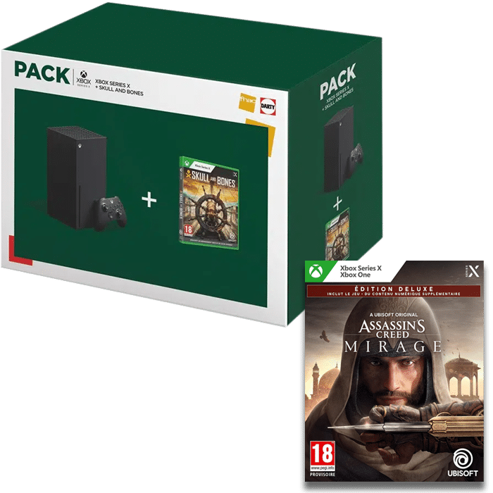 console xbox series x avec assassin's creed mirage deluxe skull and bones visuel produit