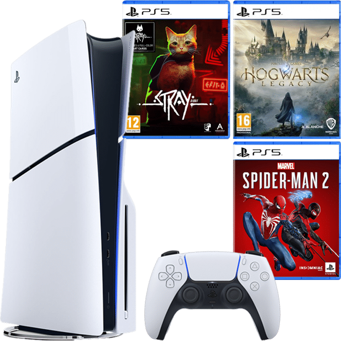 pack fnac PS5 Slim Standard Spiderman 2 Hogwarts Legacy Stray visuel produit
