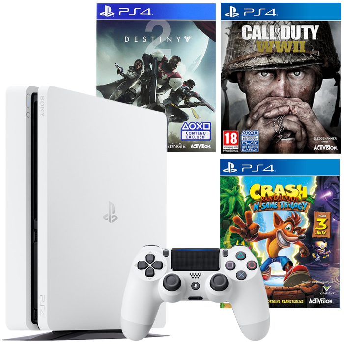 pack ps4 slim blanche 3 jeux cod ww2 crash bandicoot n sane trilogy destiny 2