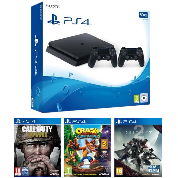 bon plan ps4 slim 500 Go 2 manettes cod ww2 destiny 2 crash bandicoot