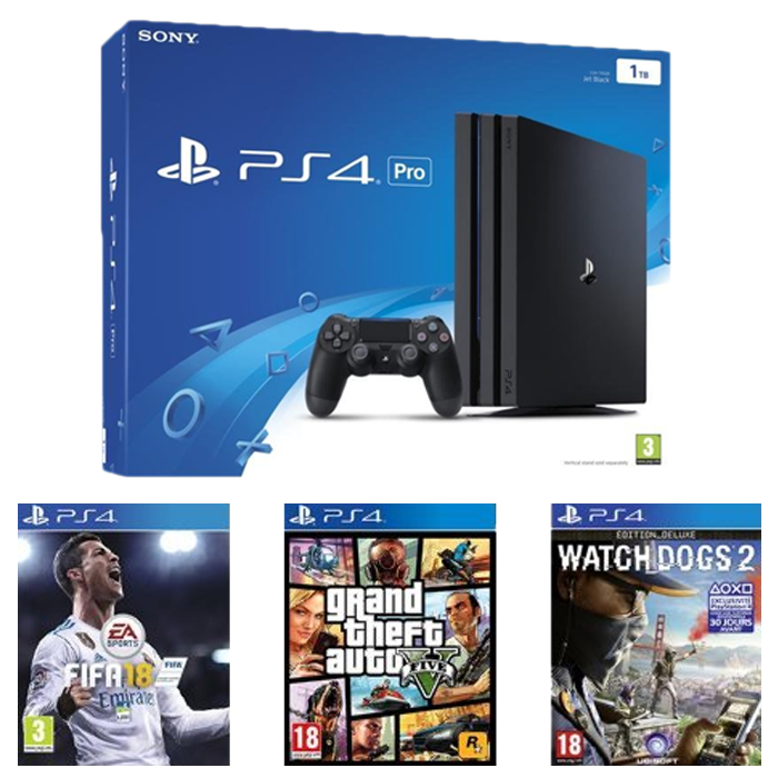 ps4 pro 3 jeux fifa 18 gta 5 watchdogs 2