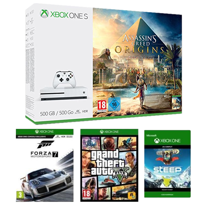 Pack Xbox One S 500 Go Assassin's Creed Origins + Forza Motorsport 7 + GTA V + Steep pas cher