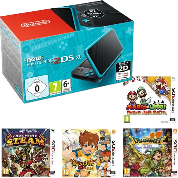 PACK NINTENDO 2DS XL NOIRE ET TURQUOISE + 5 JEUX