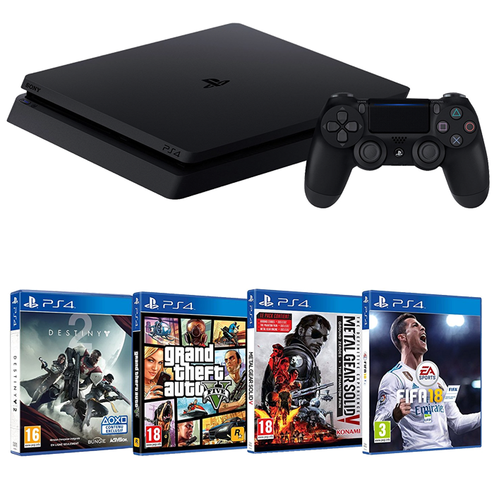 Pack PS4 Slim 1 To + 4 jeux gta 5 mgs5 destiny 2 fifa 18