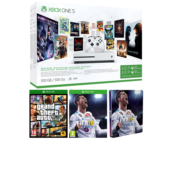 Xbox One S + GTA 5 + FIFA 18 (+ steelbook) + 3 mois de Game Pass + 3 mois de Xbox Live Gold 2