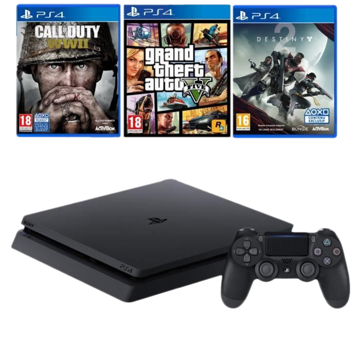 Pack PS4 Slim + 4 jeux (Call of Duty WW2, GTA V, Destiny 2 et Qui es Tu)