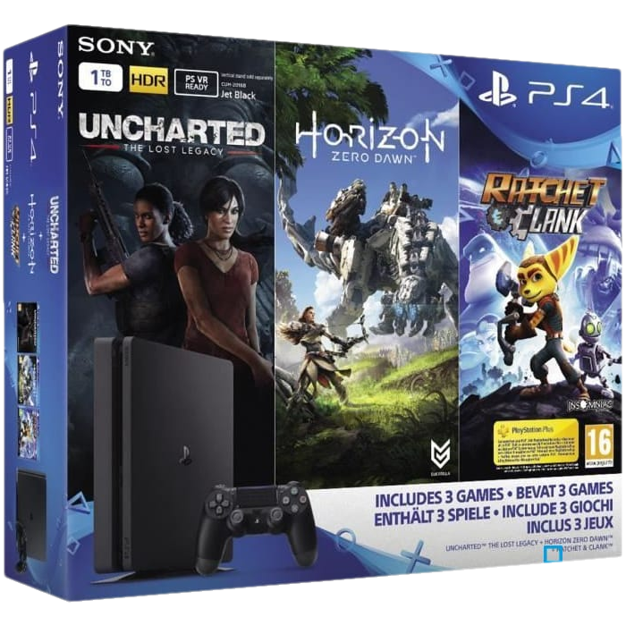 PS4 Slim 1 To + 3 jeux (HZD, Uncharted TLL, Ratchet & Clank)